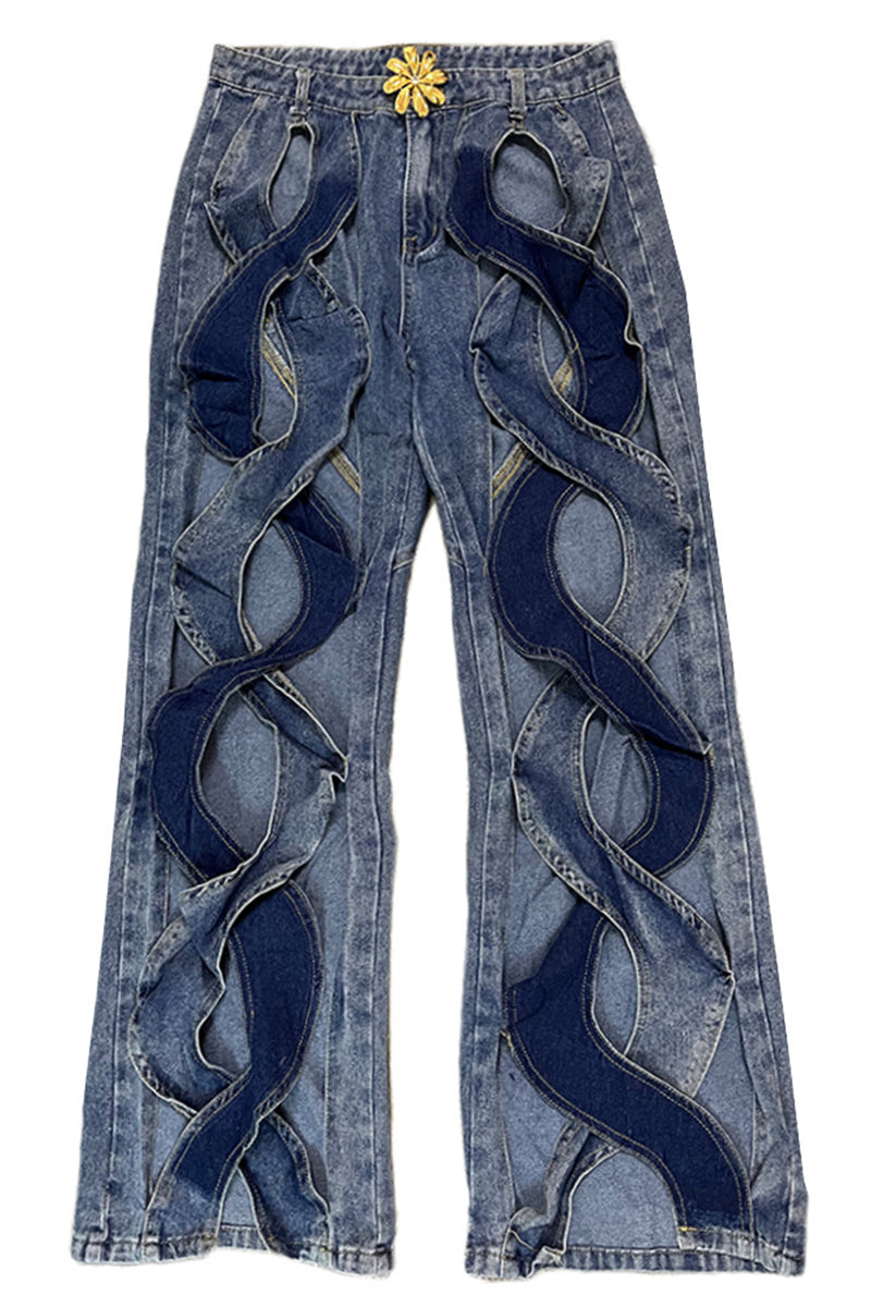 High-Waisted Straight-Leg Denim Jeans with Solid Hollow-Out