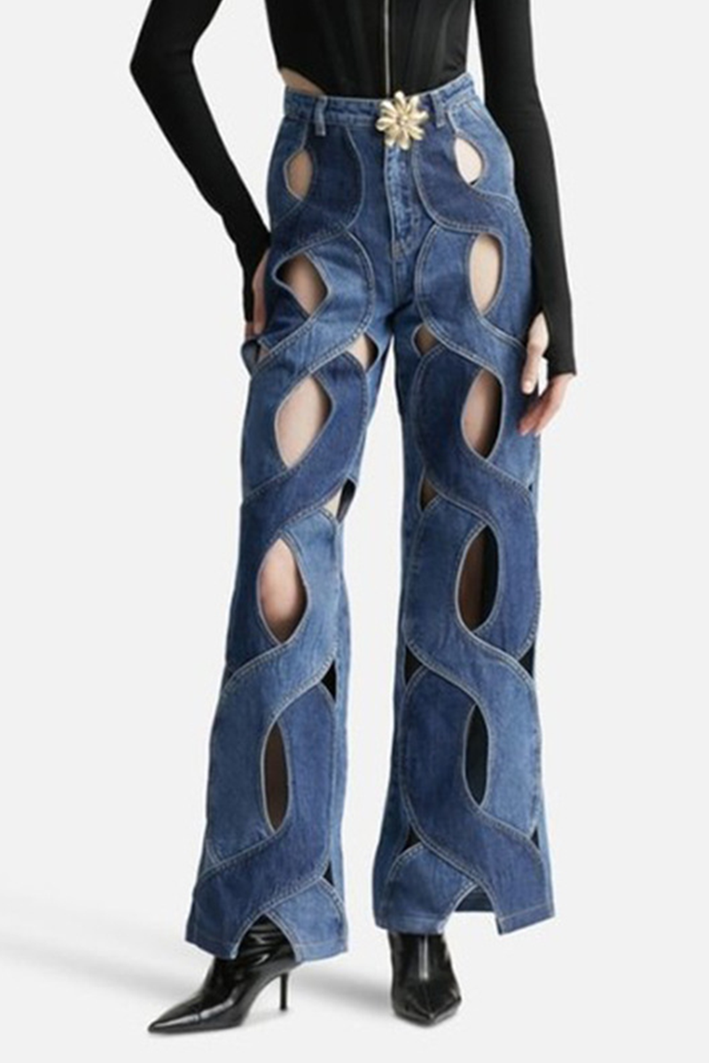 High-Waisted Straight-Leg Denim Jeans with Solid Hollow-Out