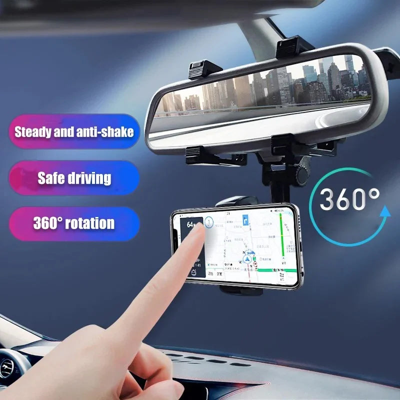 360° Rotatable Multifunctional Car Rearview Mirror Phone Holder - Luxinsly