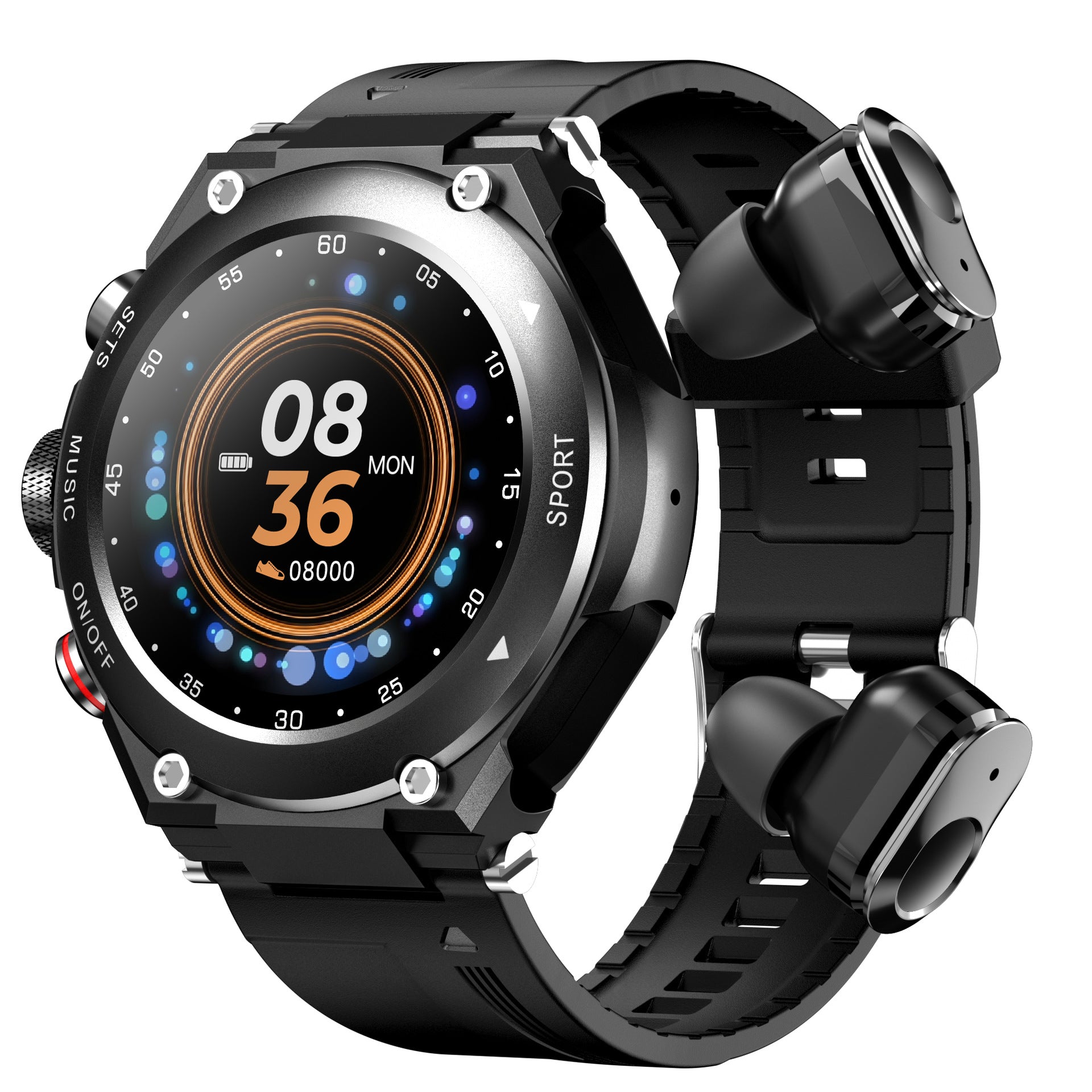 Smartwatch with Integrated Wireless Earphones (Compatible with iPhone & Android)