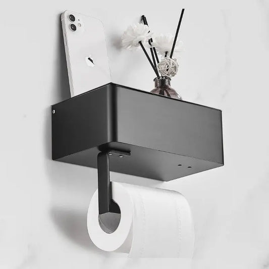 Black Elegance Guard: A sophisticated matte black toilet roll holder featuring a smart storage compartment. Luxinsly