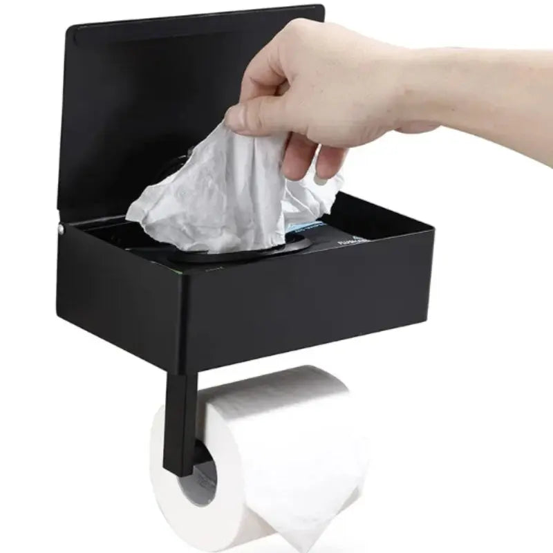 Black Elegance Guard: A sophisticated matte black toilet roll holder featuring a smart storage compartment. Luxinsly