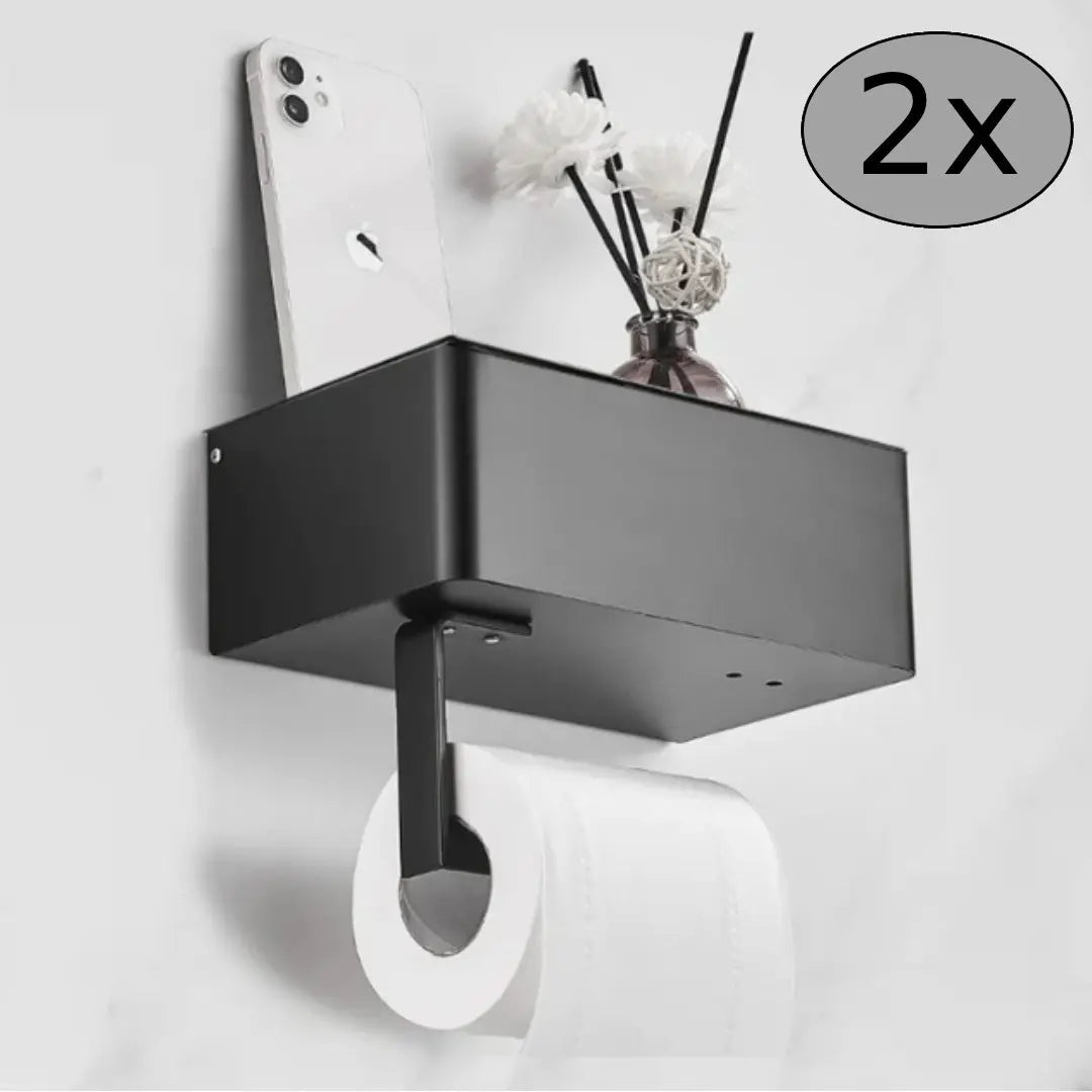 Black Elegance Guard: A sophisticated matte black toilet roll holder featuring a smart storage compartment. Luxinsly