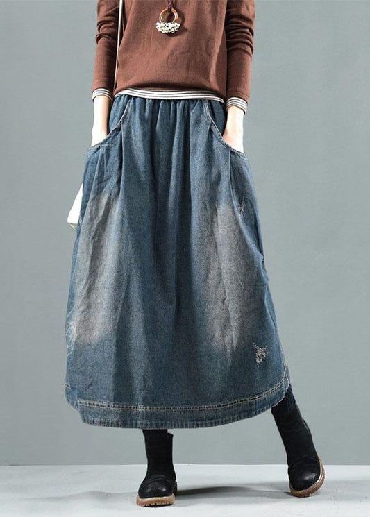 Blue Denim Summer Skirt with Retro Patchwork Pockets - Luxinsly