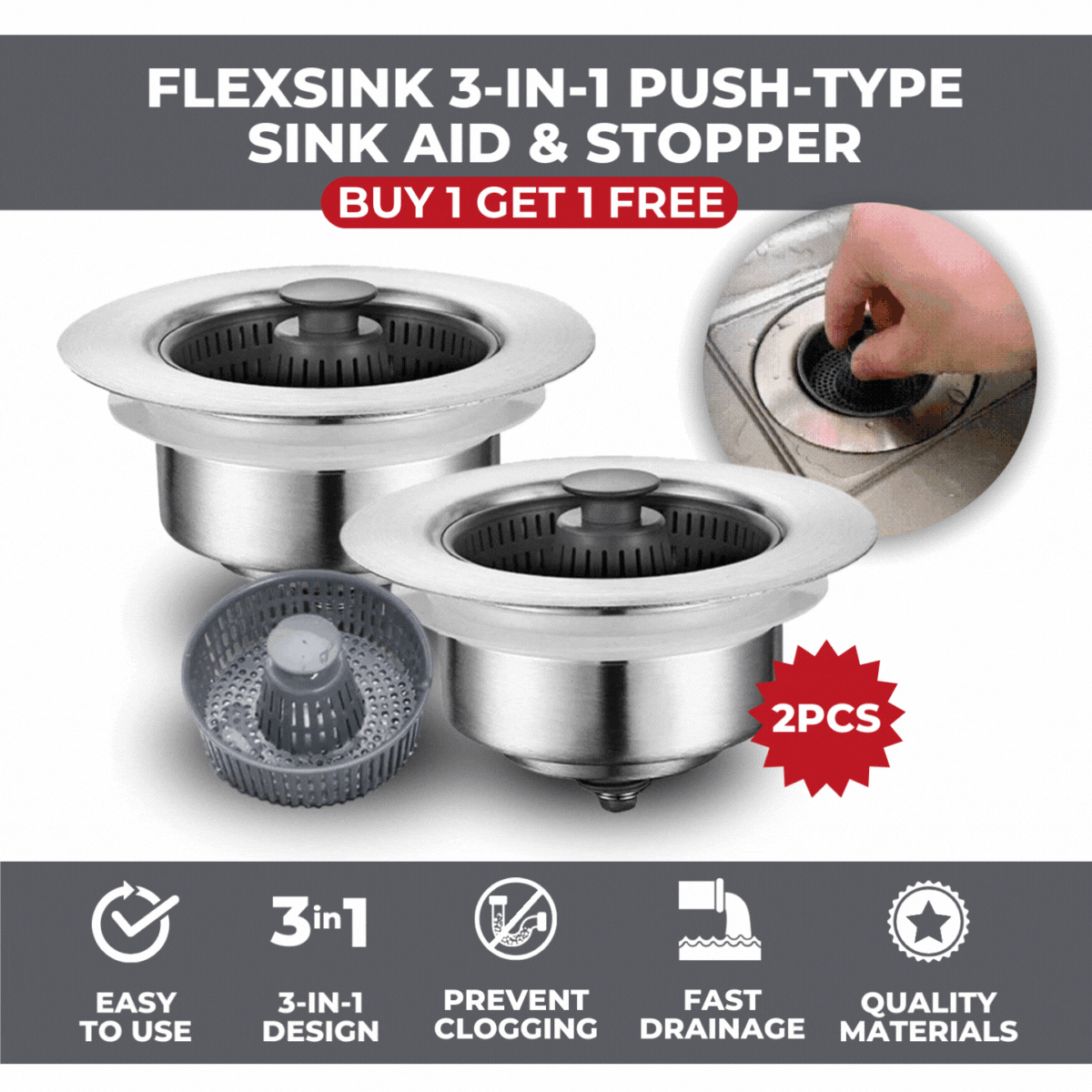 FlexSink 3-in-1 Push-Type Sink Aid & Stopper | BUY 1 GET 1 FREE (2PCS) Luxinsly