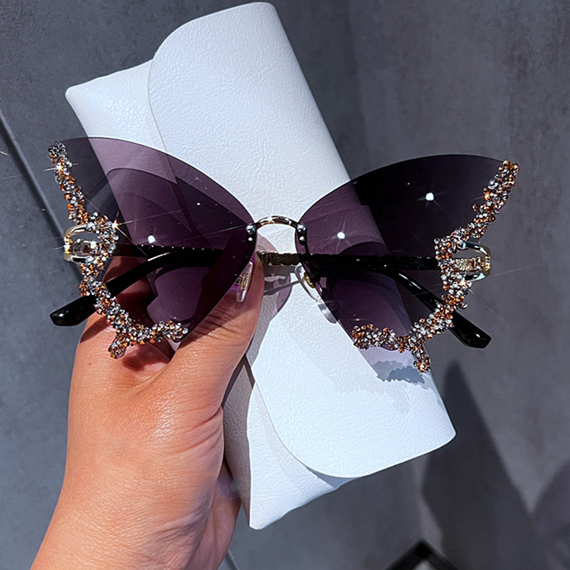 Envy Luxe Rimless Sunglasses with Rhinestone Butterfly Detail - Luxinsly