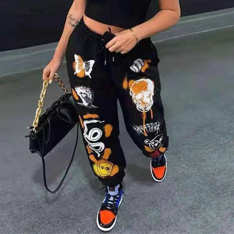 Y2K Harajuku Women’s High-Waist Sweatpants– Cartoon Skull Printed Streetwear - Luxinsly