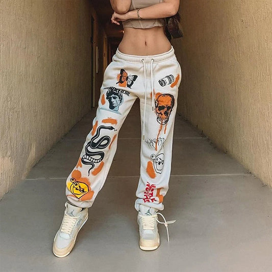 Y2K Harajuku Women’s High-Waist Sweatpants– Cartoon Skull Printed Streetwear - Luxinsly