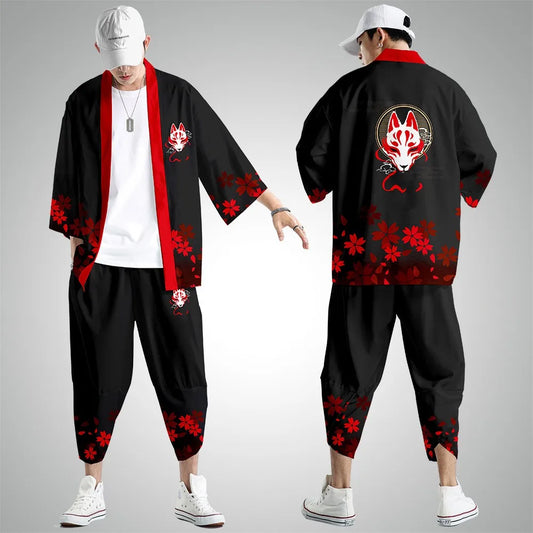 Japanese Kimono Cardigan and Pants Set: Unisex Yukata Haori Traditional Harajuku Tang Suit Cosplay Costume (Plus Size 6XL) - Luxinsly