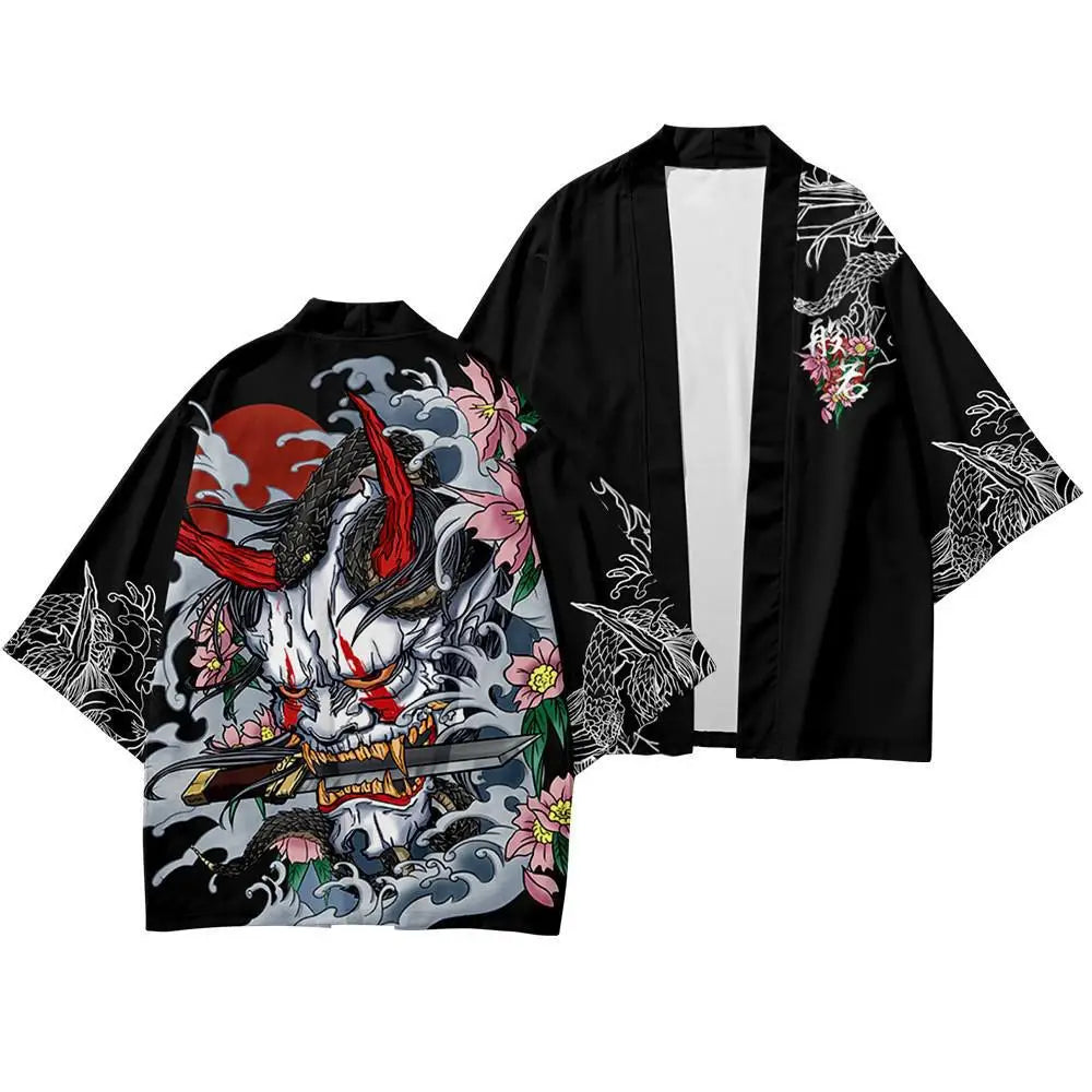 Japanese Kimono Cardigan and Pants Set: Unisex Yukata Haori Traditional Harajuku Tang Suit Cosplay Costume (Plus Size 6XL)