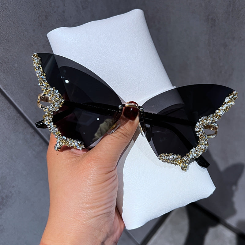 Envy Luxe Rimless Sunglasses with Rhinestone Butterfly Detail - Luxinsly