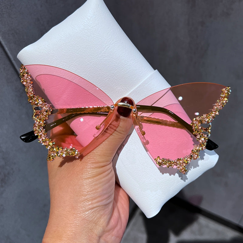 Envy Luxe Rimless Sunglasses with Rhinestone Butterfly Detail - Luxinsly