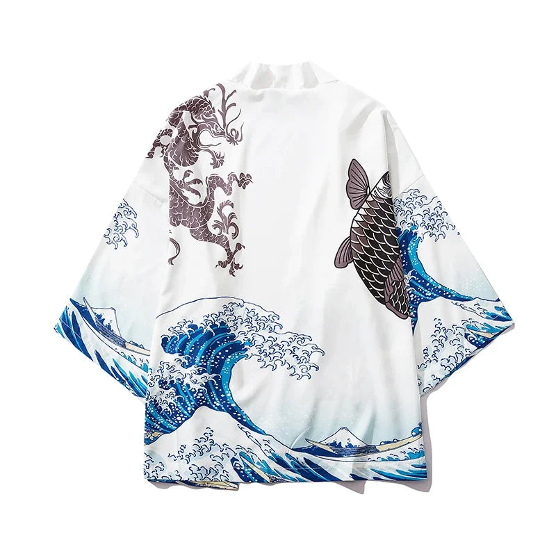 Bebovizi Japanese Wave Koi Print Kimono Cardigan Jacket: Men's Fashionable Japan-Style Streetwear Thin Coat 2019 - Luxinsly