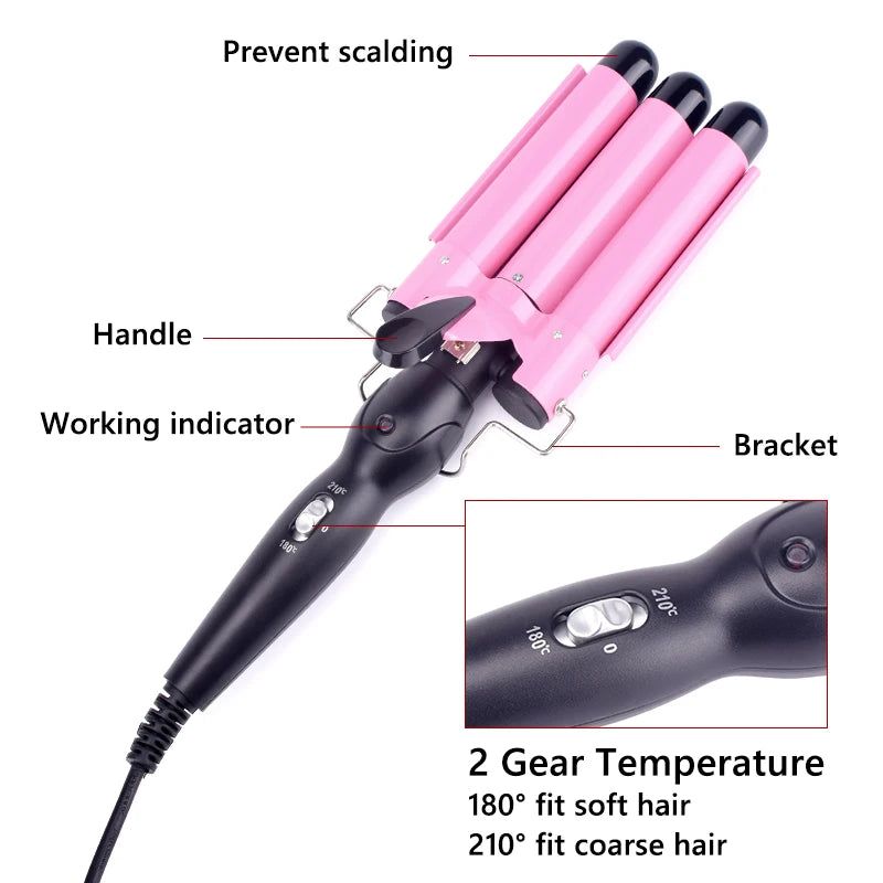 Professional Triple Barrel Ceramic Hair Waver & Curler Styling Tool