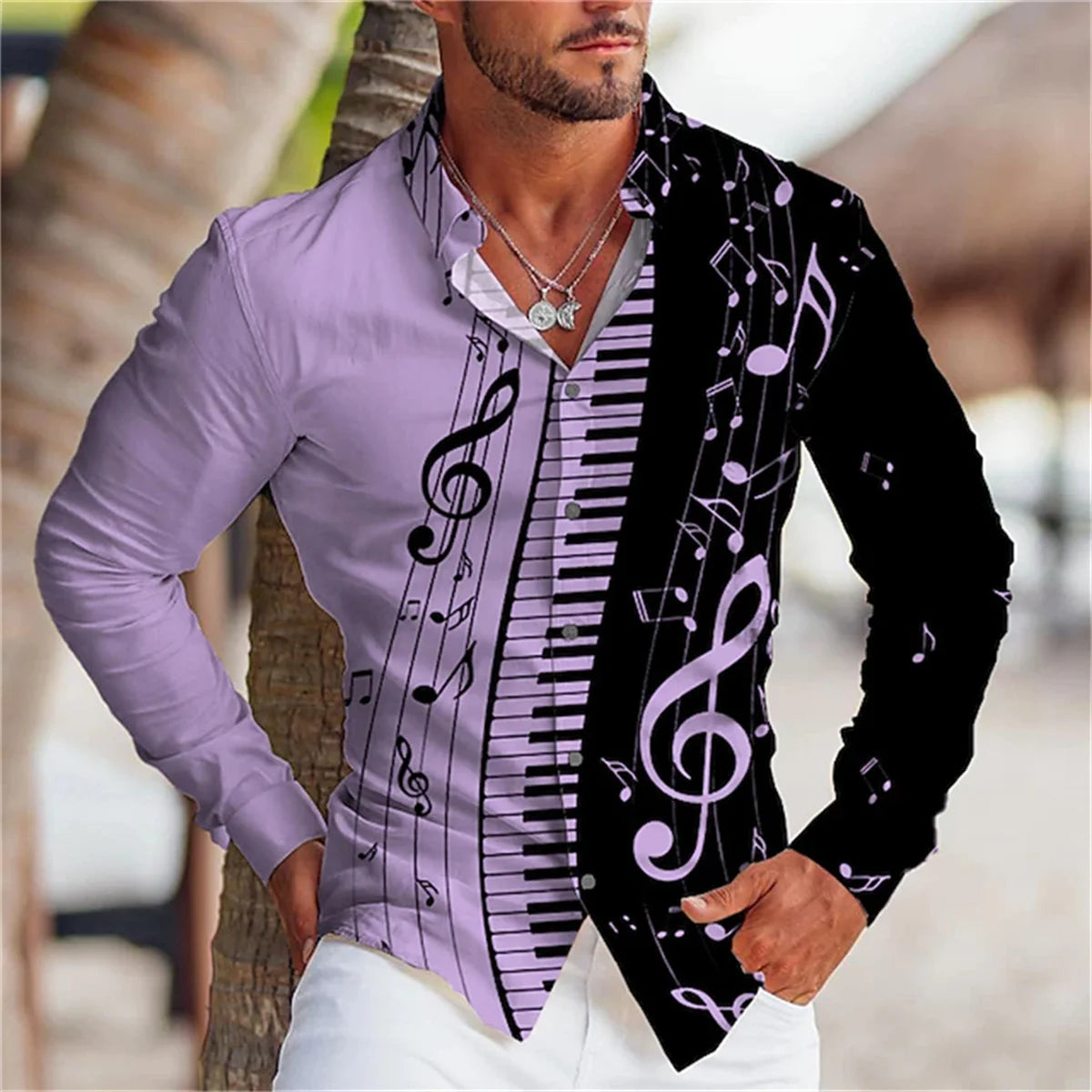 Men's Summer Long Sleeve Shirt |  Music Print Design, Comfortable Oversized