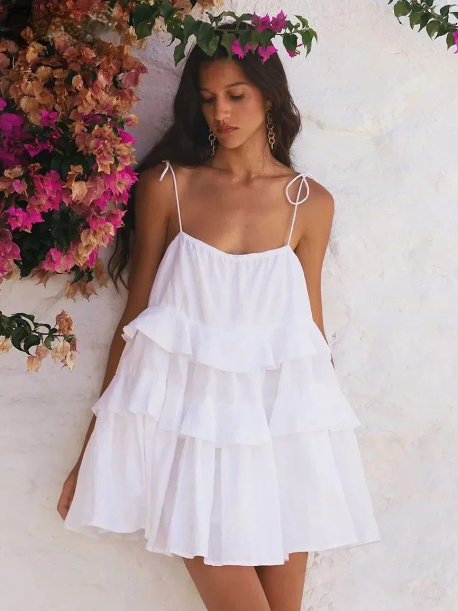 Classic Ruffle White Cotton Mini Dress - Luxinsly