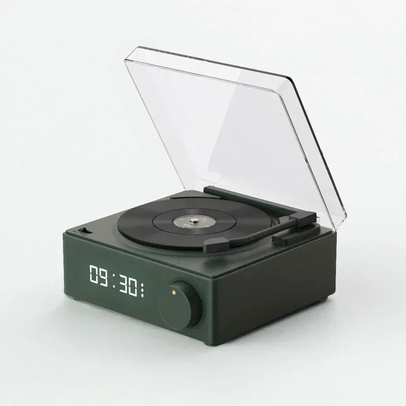 Vinyl Turntable Bluetooth Speaker: Compact Wireless Sound System with High-Quality Audio, Subwoofer, and Alarm Clock