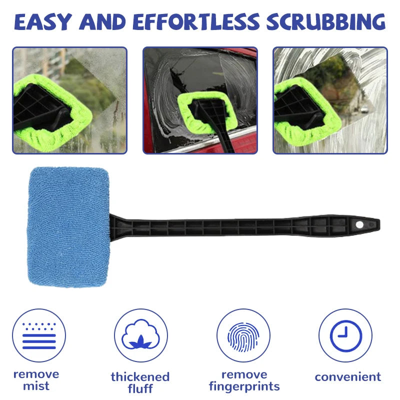 Window Cleaner Brush Kit with Long Handle | Cleaning Tool with Microfiber Towel for Car Detailing