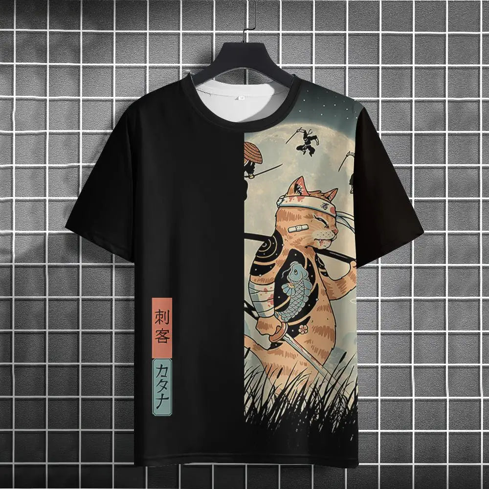 Japanese Samurai Cat 3D Print T-Shirt | Casual Fashion Tee for Men and Women