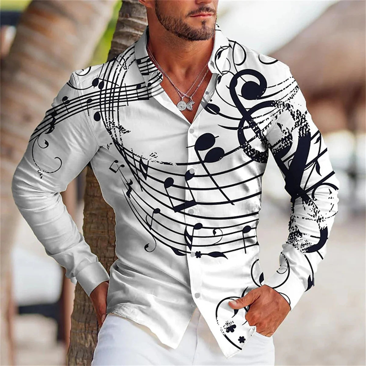 Men's Summer Long Sleeve Shirt |  Music Print Design, Comfortable Oversized