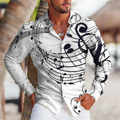 Men's Summer Long Sleeve Shirt |  Music Print Design, Comfortable Oversized - Luxinsly