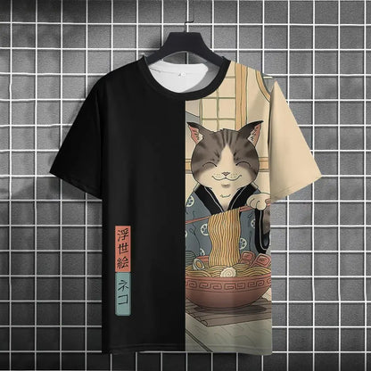 Japanese Samurai Cat 3D Print T-Shirt | Casual Fashion Tee for Men and Women - Luxinsly