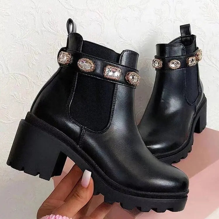 2021 New Crystal Rhinestone Slip-On Platform PU Leather Women's Ankle Boots: Stylish Booties for Spring and Autumn Footwear - Luxinsly