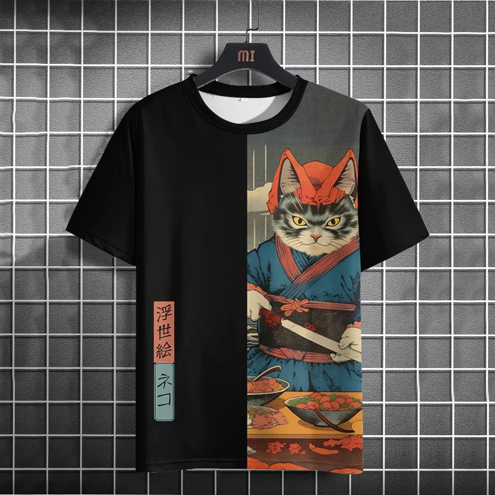 Japanese Samurai Cat 3D Print T-Shirt | Casual Fashion Tee for Men and Women