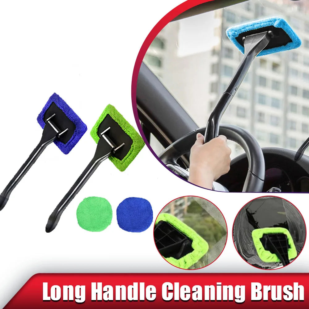 Window Cleaner Brush Kit with Long Handle | Cleaning Tool with Microfiber Towel for Car Detailing