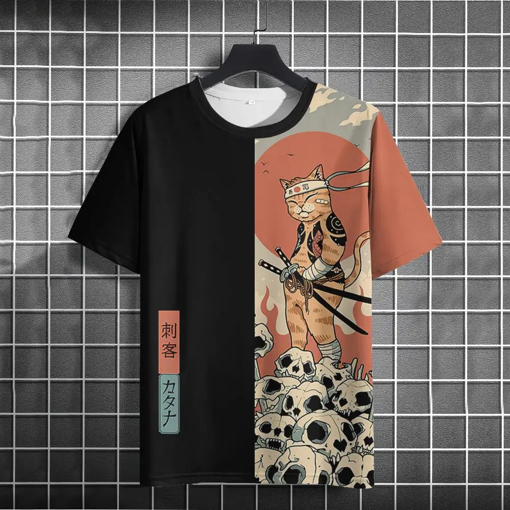 Japanese Samurai Cat 3D Print T-Shirt | Casual Fashion Tee for Men and Women - Luxinsly