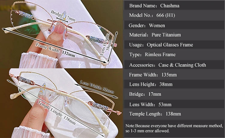 Luxury Women's Titanium Frame Eyeglasses with Transparent Glitter Lenses