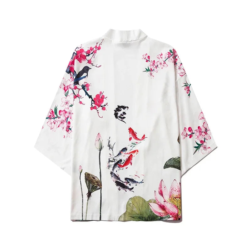 Bebovizi Japanese Wave Koi Print Kimono Cardigan Jacket: Men's Fashionable Japan-Style Streetwear Thin Coat 2019