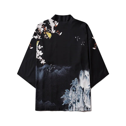 Bebovizi Japanese Wave Koi Print Kimono Cardigan Jacket: Men's Fashionable Japan-Style Streetwear Thin Coat 2019 - Luxinsly