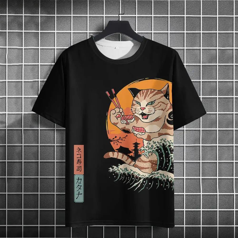 Japanese Samurai Cat 3D Print T-Shirt | Casual Fashion Tee for Men and Women