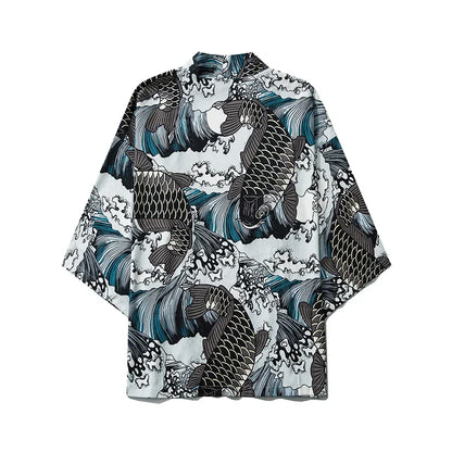 Bebovizi Japanese Wave Koi Print Kimono Cardigan Jacket: Men's Fashionable Japan-Style Streetwear Thin Coat 2019 - Luxinsly