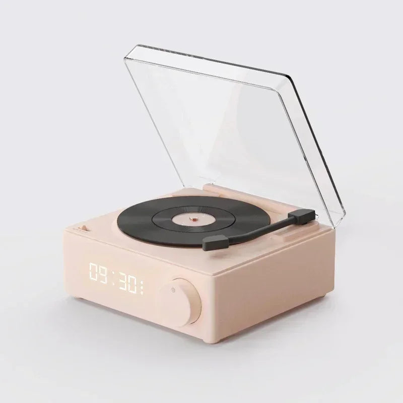 Vinyl Turntable Bluetooth Speaker: Compact Wireless Sound System with High-Quality Audio, Subwoofer, and Alarm Clock