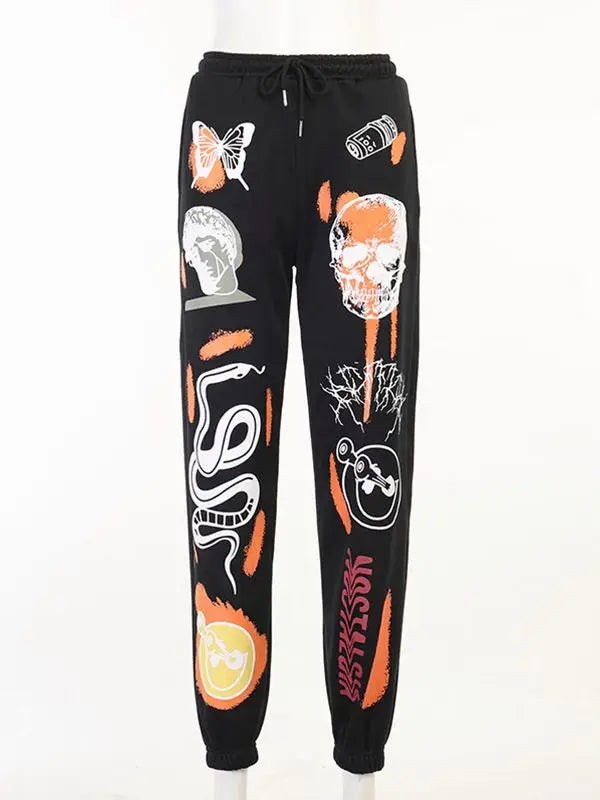 Y2K Harajuku Women’s High-Waist Sweatpants– Cartoon Skull Printed Streetwear - Luxinsly