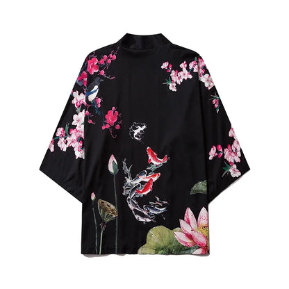 Bebovizi Japanese Wave Koi Print Kimono Cardigan Jacket: Men's Fashionable Japan-Style Streetwear Thin Coat 2019 - Luxinsly