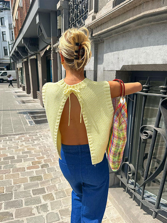 Butter Yellow Open-Back Knit Sweater Vest - Luxinsly