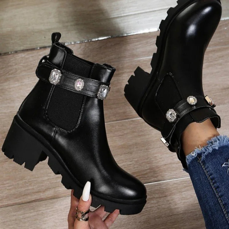 2021 New Crystal Rhinestone Slip-On Platform PU Leather Women's Ankle Boots: Stylish Booties for Spring and Autumn Footwear - Luxinsly