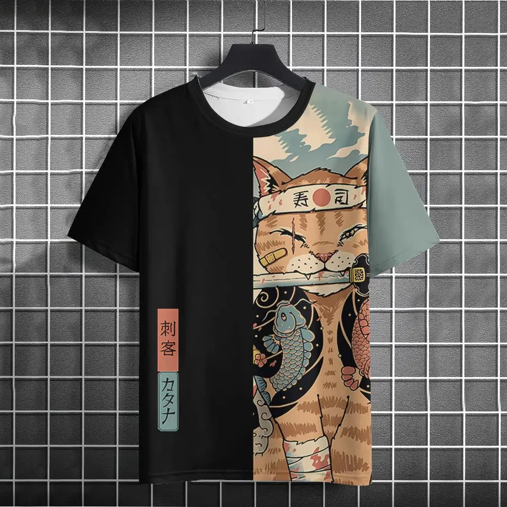 Japanese Samurai Cat 3D Print T-Shirt | Casual Fashion Tee for Men and Women