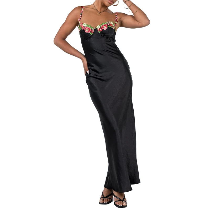 Women's Elegant Floral V-Neck Spaghetti Strap Sleeveless Long Satin