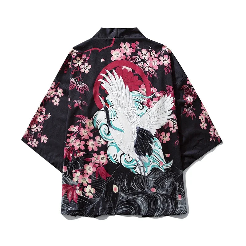 Bebovizi Japanese Wave Koi Print Kimono Cardigan Jacket: Men's Fashionable Japan-Style Streetwear Thin Coat 2019 - Luxinsly