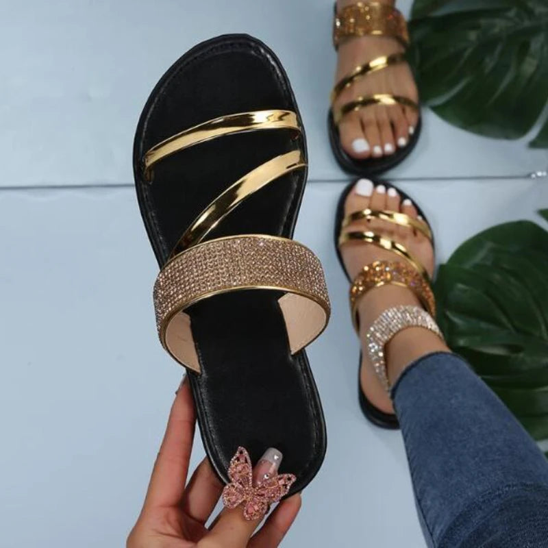 Summer Women's Fashion: Gold and Silver Patent Leather Flat Heel Sandals with Rhinestones - Bling Narrow Band Beach Casual Slippers - Luxinsly