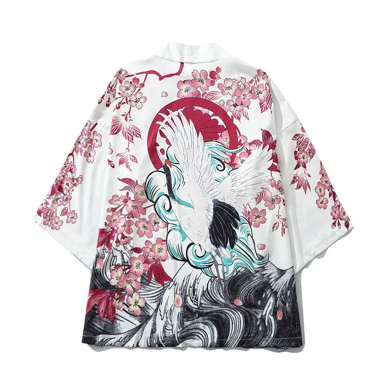 Bebovizi Japanese Wave Koi Print Kimono Cardigan Jacket: Men's Fashionable Japan-Style Streetwear Thin Coat 2019 - Luxinsly