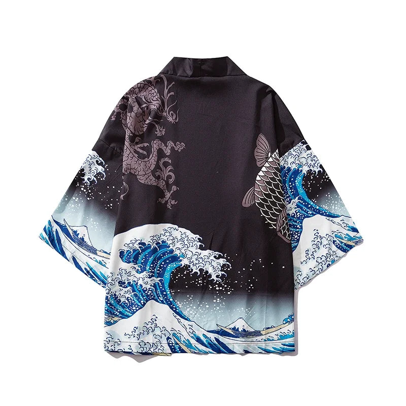 Bebovizi Japanese Wave Koi Print Kimono Cardigan Jacket: Men's Fashionable Japan-Style Streetwear Thin Coat 2019 - Luxinsly