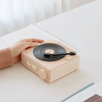 Vinyl Turntable Bluetooth Speaker: Compact Wireless Sound System with High-Quality Audio, Subwoofer, and Alarm Clock - Luxinsly