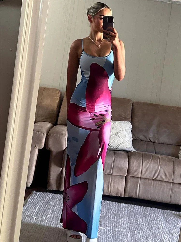 Tossy Printed Spaghetti Hot Backless Maxi Dress Women Fashion Slim Elegant Contrast Patchwork Halter Dresses Autumn Long Dress - Luxinsly