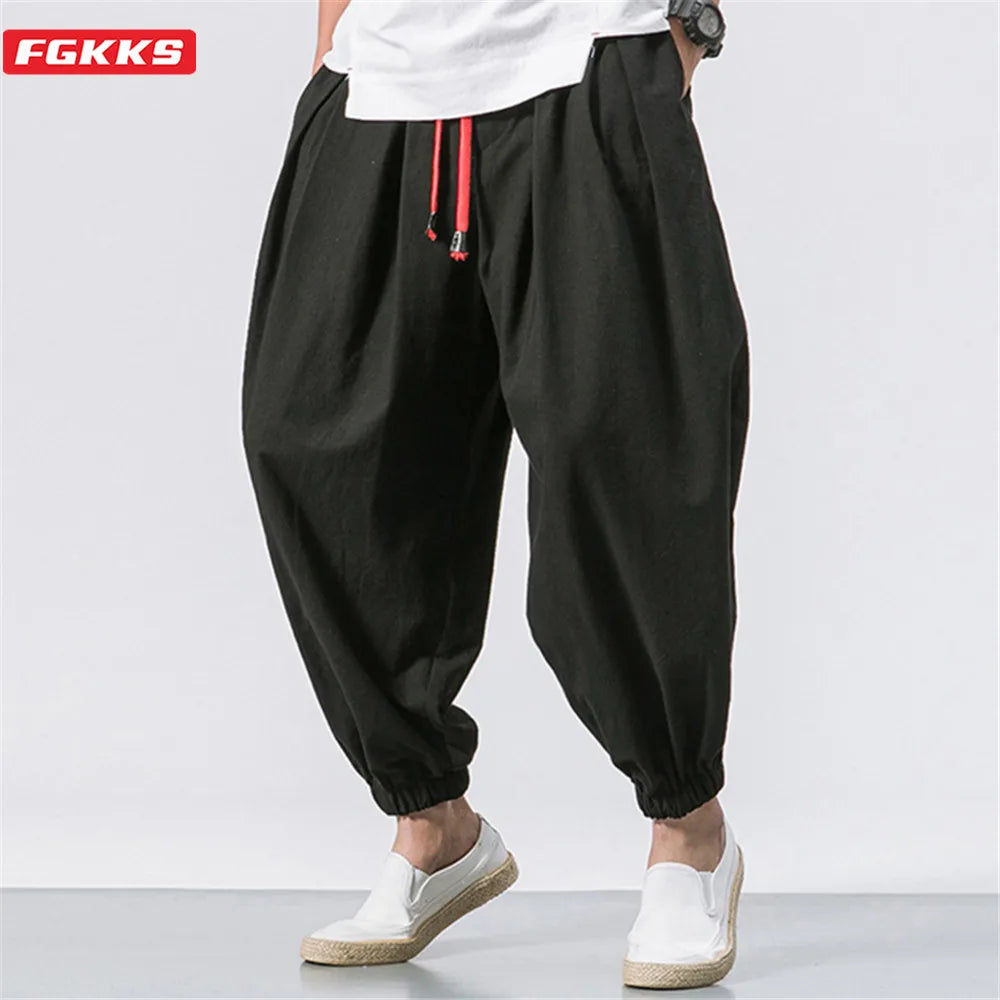 FGKKS Oversize Men's Loose Harem Pants: High-Quality Autumn Chinese Linen Sweatpants - Casual Brand Trousers for Men