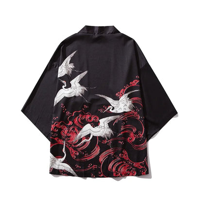 Bebovizi Japanese Wave Koi Print Kimono Cardigan Jacket: Men's Fashionable Japan-Style Streetwear Thin Coat 2019 - Luxinsly